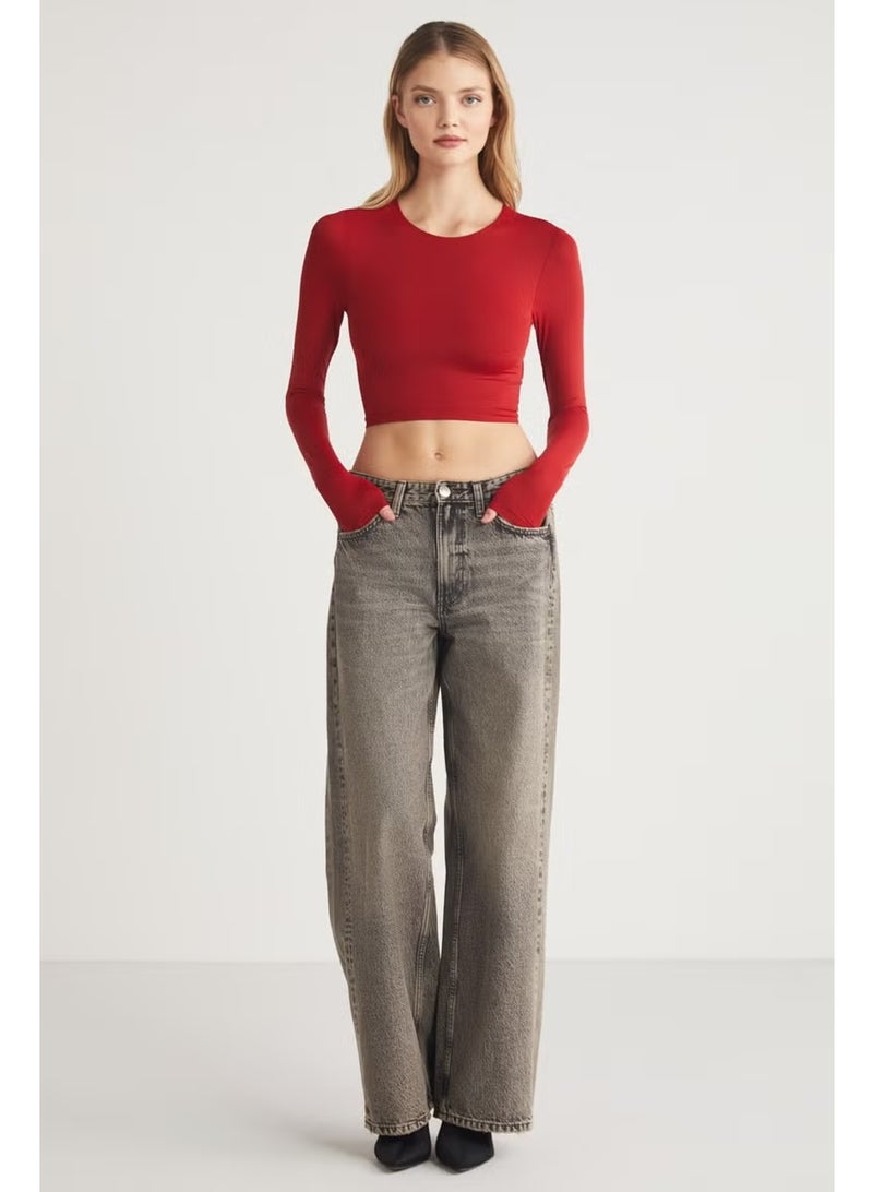 GRIMELANGE Jovana Women's Crew Neck Flexible Long Sleeve Crop Red Blouse - Image 3